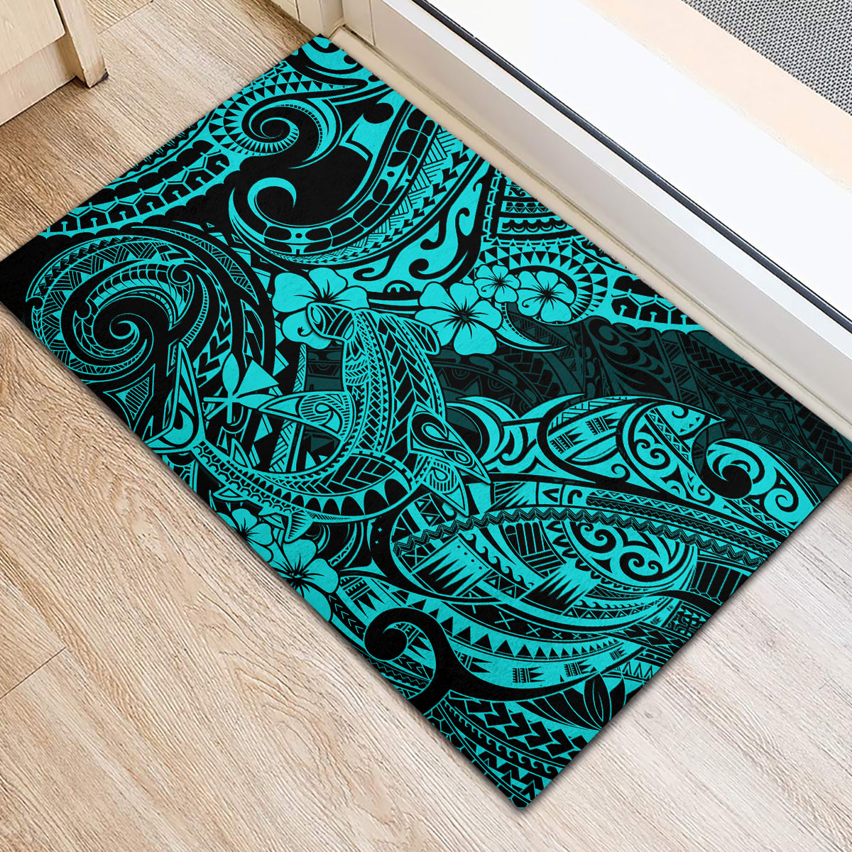 Hawaii Shark Rubber Doormat Polynesian Pattern Turquoise Version - Wonder Print Shop