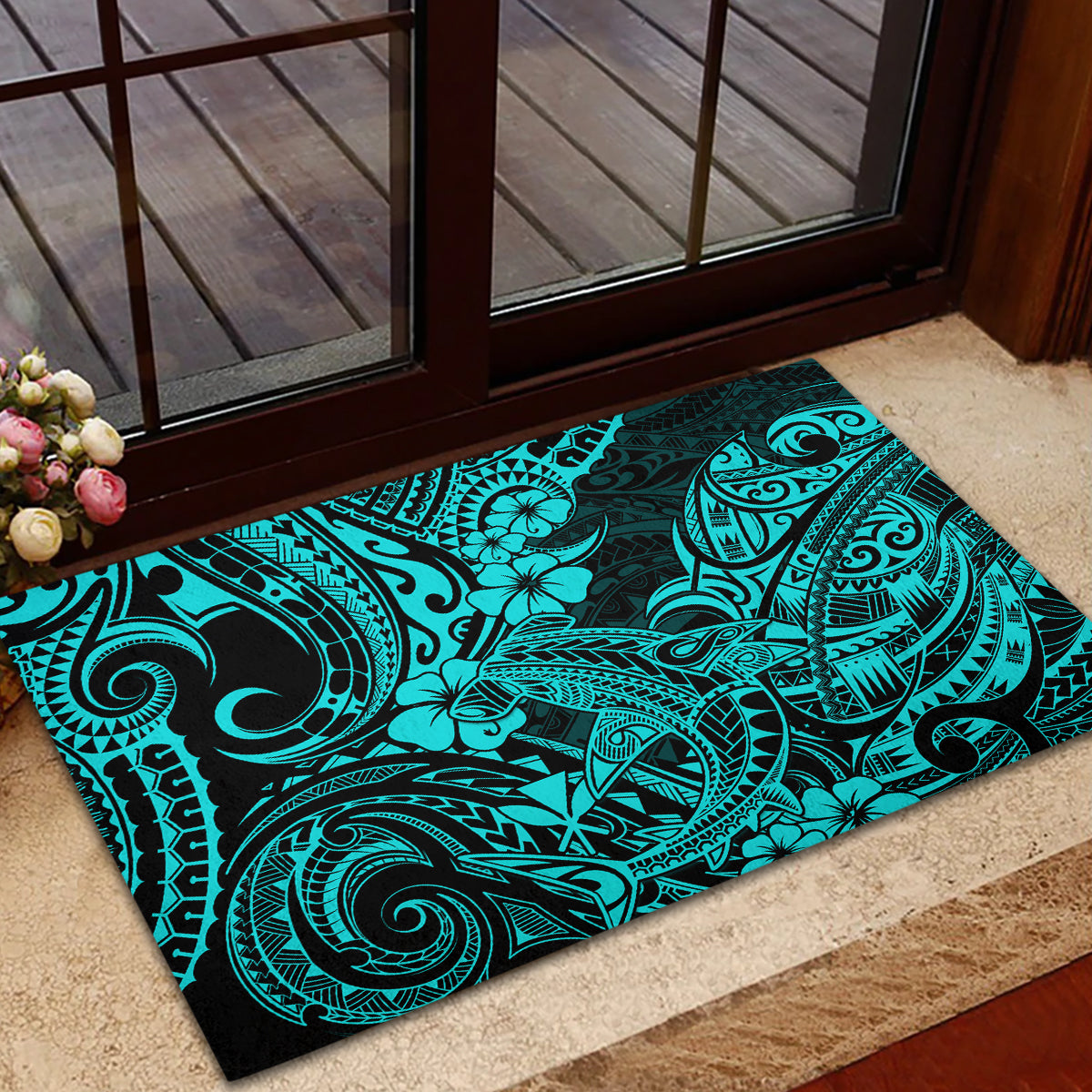 Hawaii Shark Rubber Doormat Polynesian Pattern Turquoise Version - Wonder Print Shop
