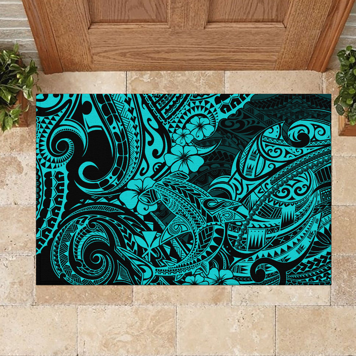 Hawaii Shark Rubber Doormat Polynesian Pattern Turquoise Version - Wonder Print Shop