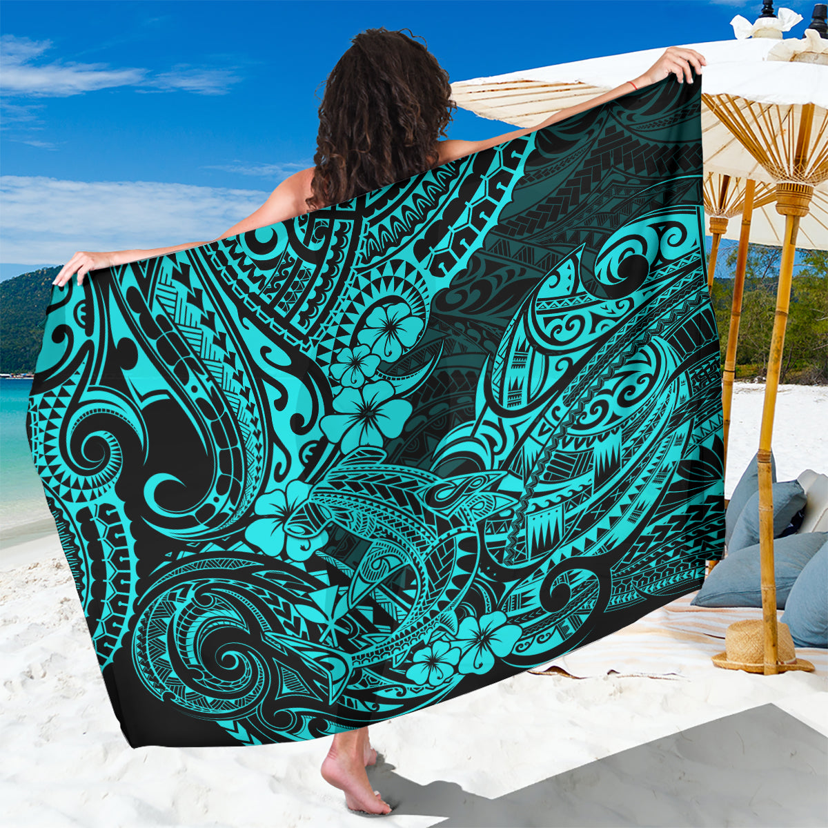 Hawaii Shark Sarong Polynesian Pattern Turquoise Version - Wonder Print Shop
