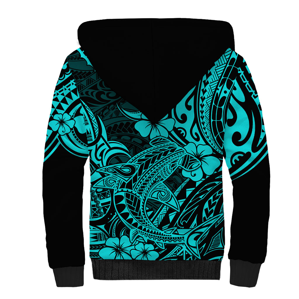 Hawaii Shark Sherpa Hoodie Polynesian Pattern Turquoise Version - Wonder Print Shop