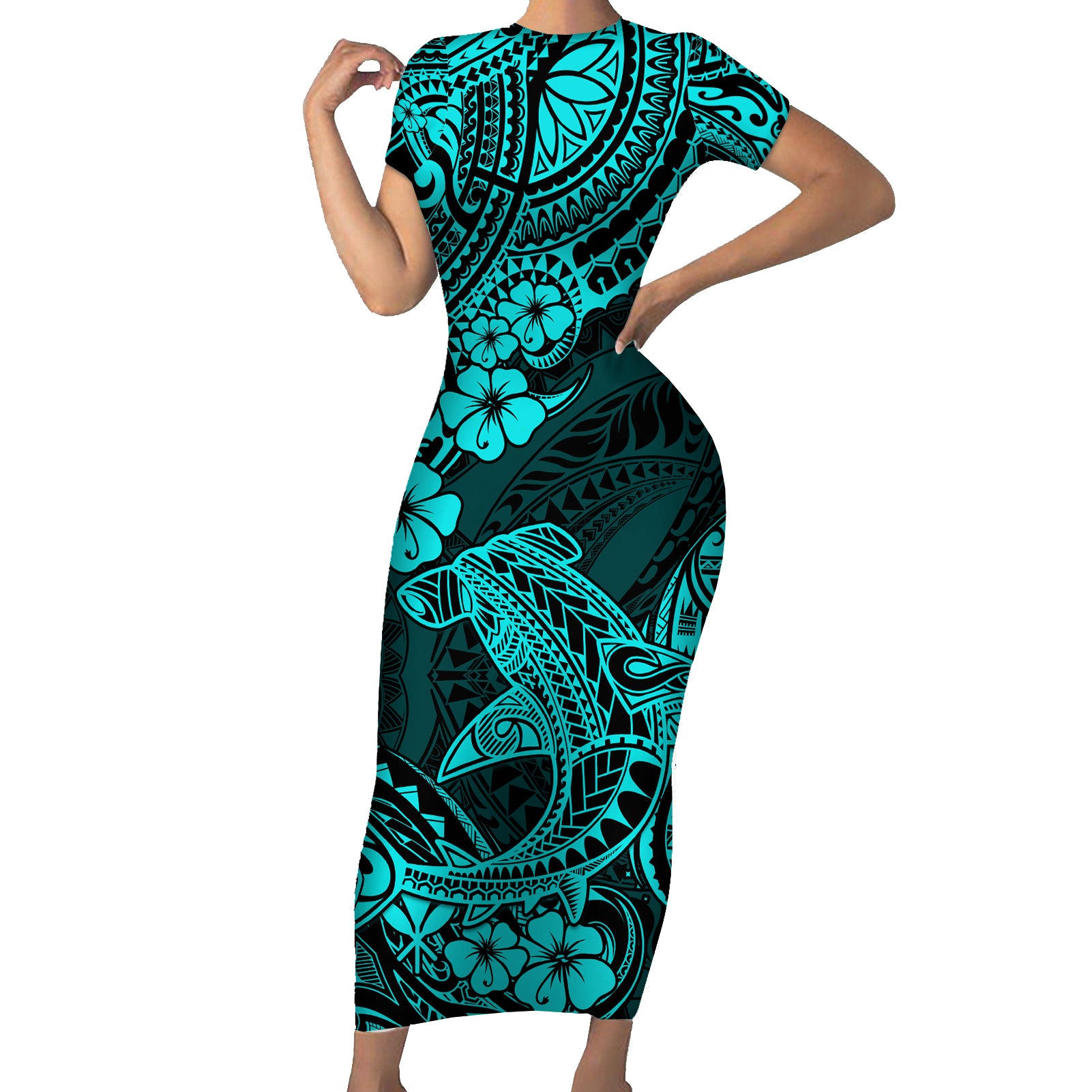 Hawaii Shark Short Sleeve Bodycon Dress Polynesian Pattern Turquoise Version - Wonder Print Shop