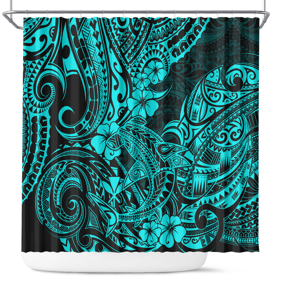 hawaii-shark-shower-curtain-polynesian-pattern-turquoise-version