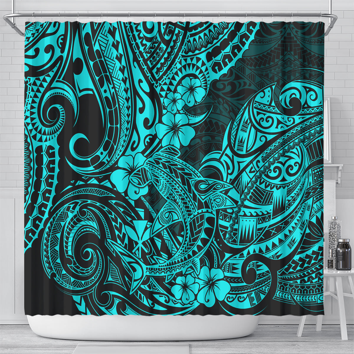 hawaii-shark-shower-curtain-polynesian-pattern-turquoise-version