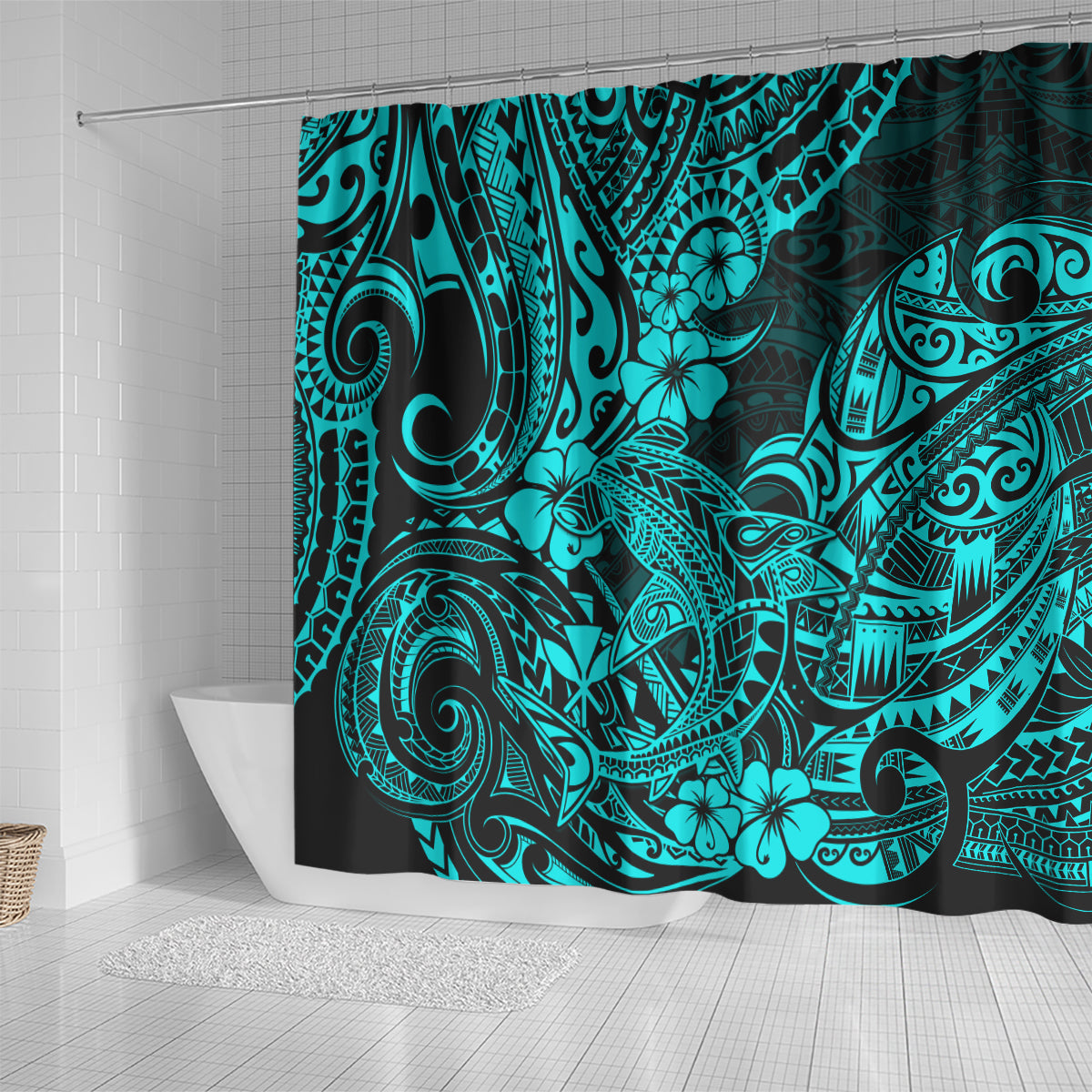 hawaii-shark-shower-curtain-polynesian-pattern-turquoise-version