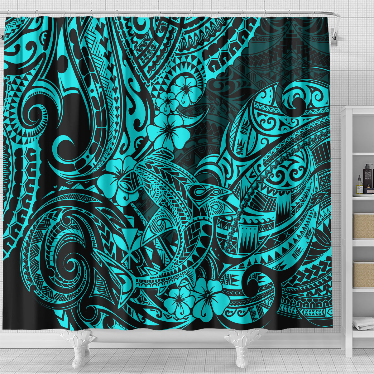 hawaii-shark-shower-curtain-polynesian-pattern-turquoise-version