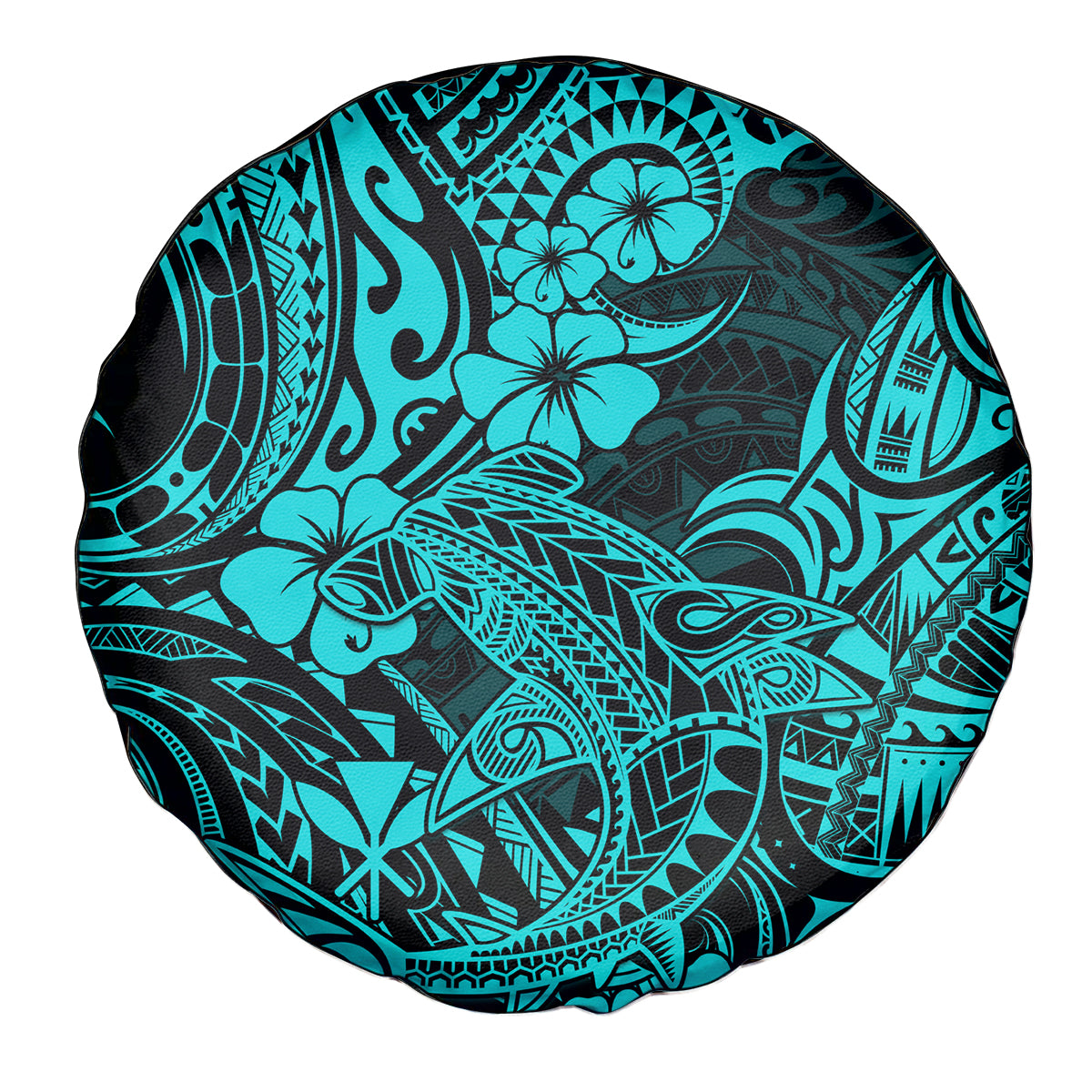 Hawaii Shark Spare Tire Cover Polynesian Pattern Turquoise Version - Wonder Print Shop