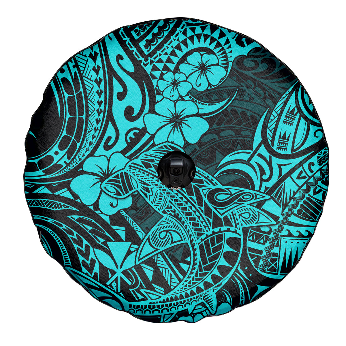 Hawaii Shark Spare Tire Cover Polynesian Pattern Turquoise Version - Wonder Print Shop