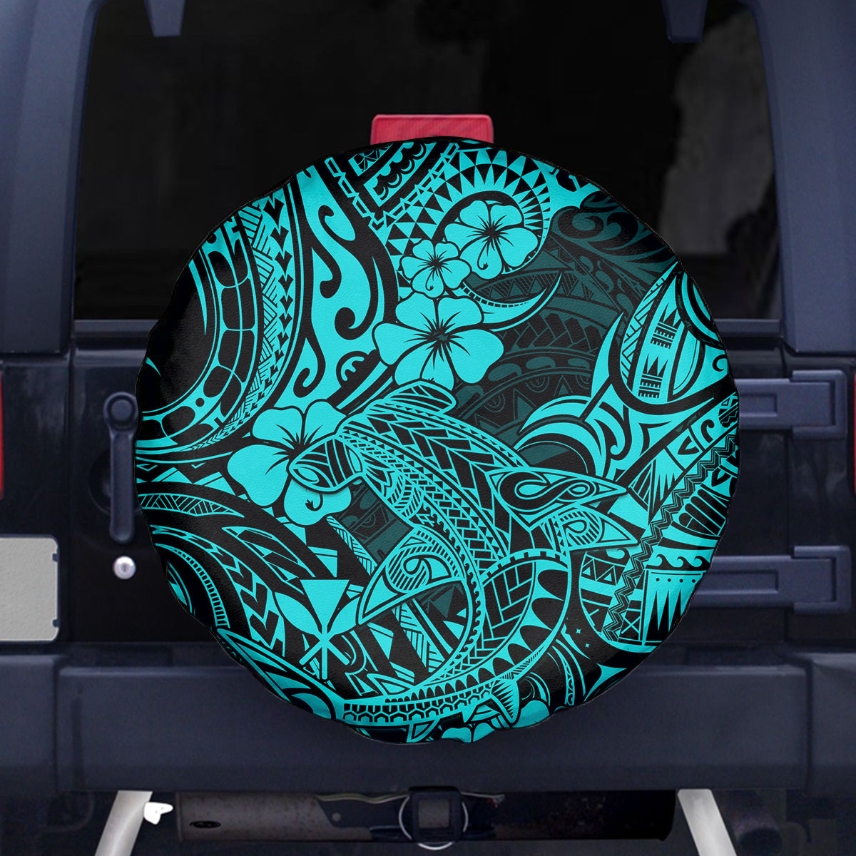Hawaii Shark Spare Tire Cover Polynesian Pattern Turquoise Version - Wonder Print Shop