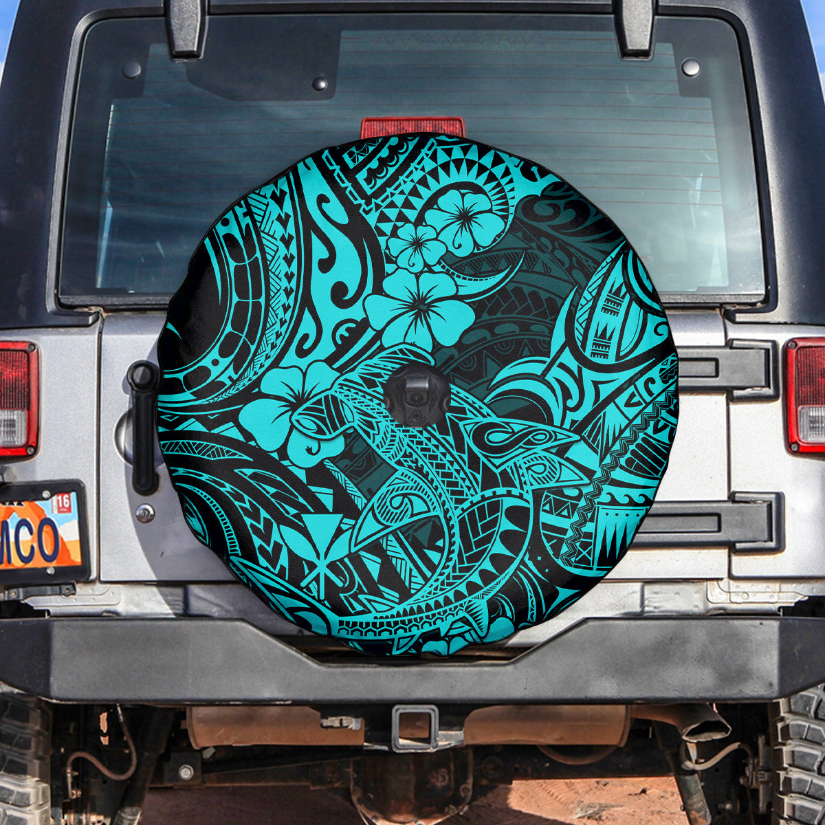 Hawaii Shark Spare Tire Cover Polynesian Pattern Turquoise Version - Wonder Print Shop
