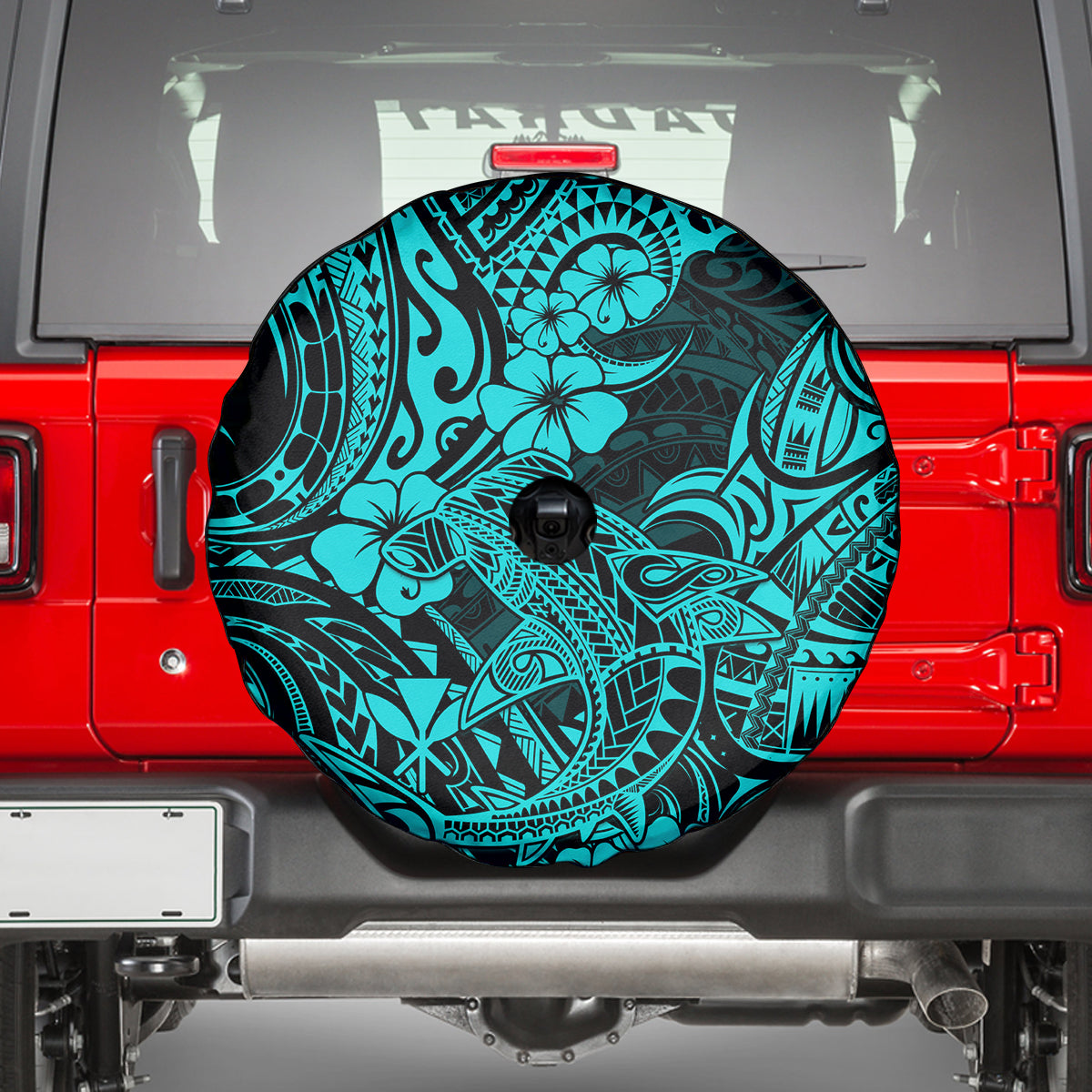 Hawaii Shark Spare Tire Cover Polynesian Pattern Turquoise Version - Wonder Print Shop