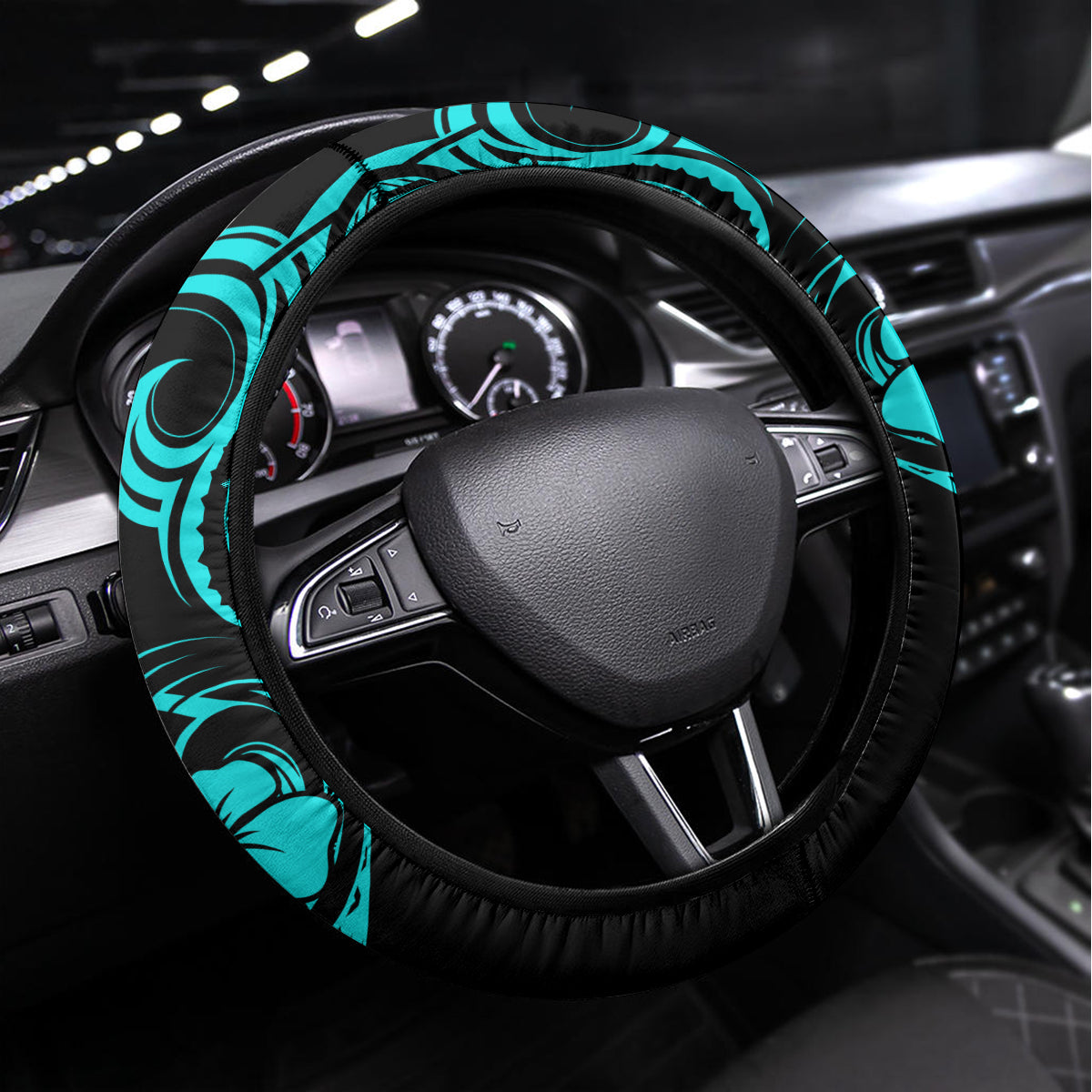 Hawaii Shark Steering Wheel Cover Polynesian Pattern Turquoise Version - Wonder Print Shop