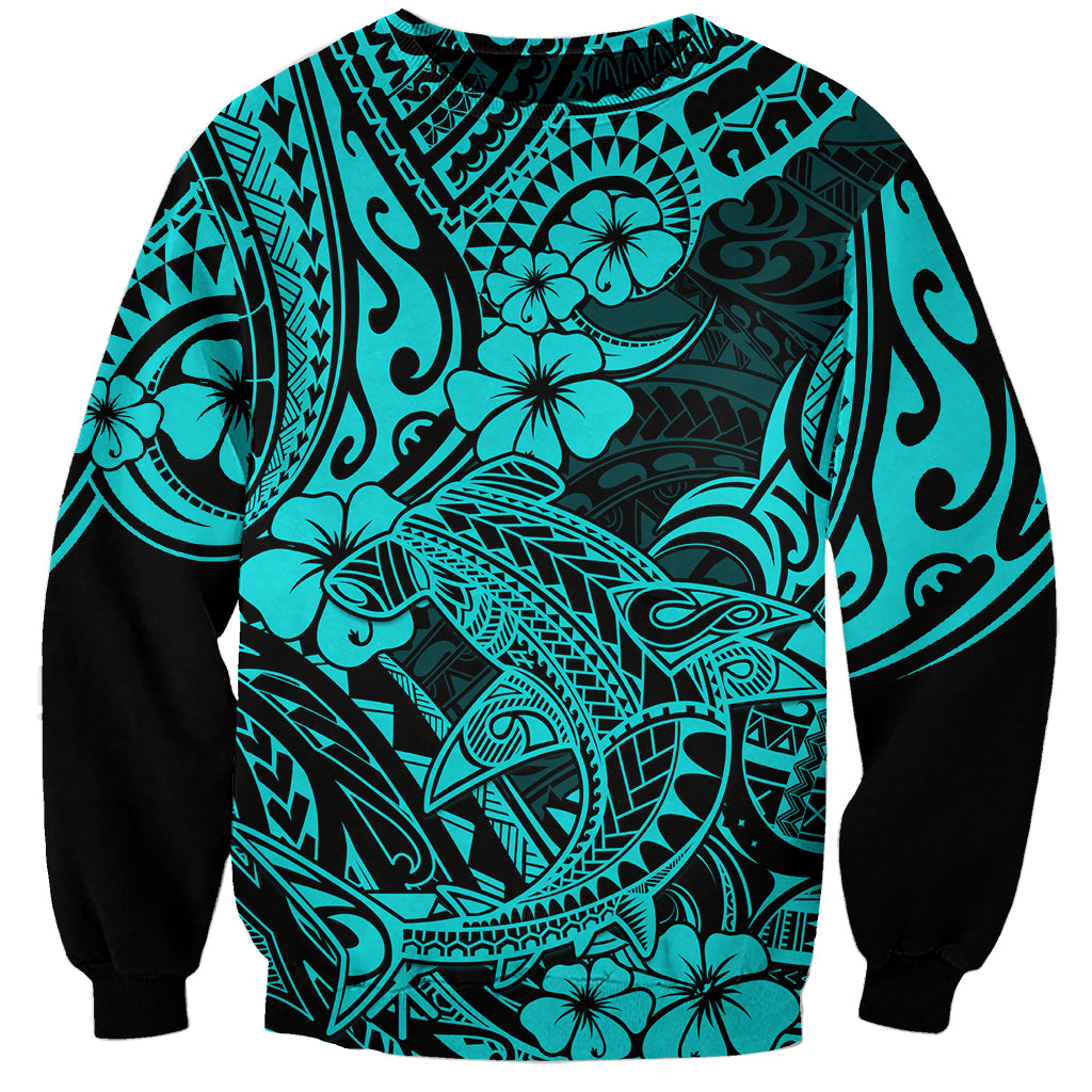 Hawaii Shark Sweatshirt Polynesian Pattern Turquoise Version - Wonder Print Shop