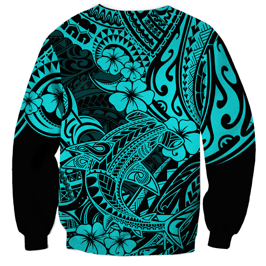Hawaii Shark Sweatshirt Polynesian Pattern Turquoise Version - Wonder Print Shop