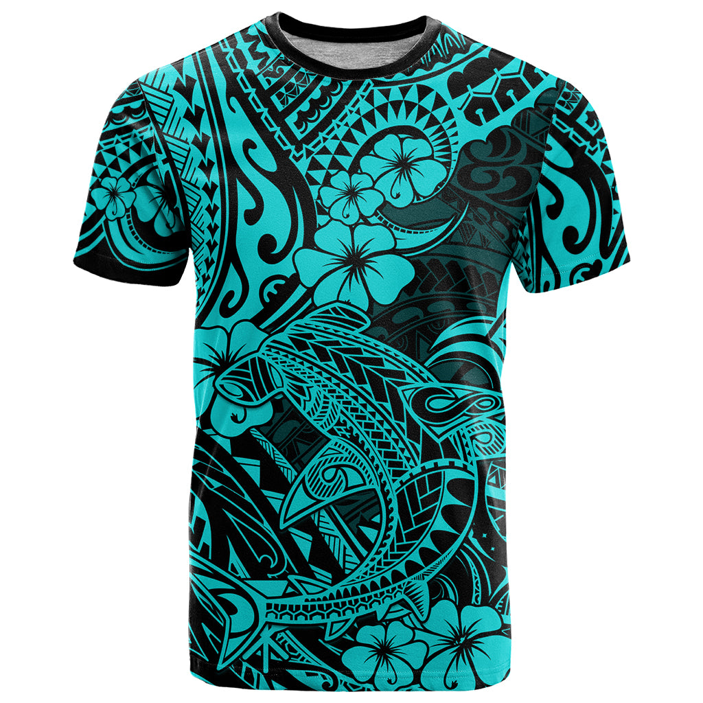 Hawaii Shark T Shirt Polynesian Pattern Turquoise Version - Wonder Print Shop
