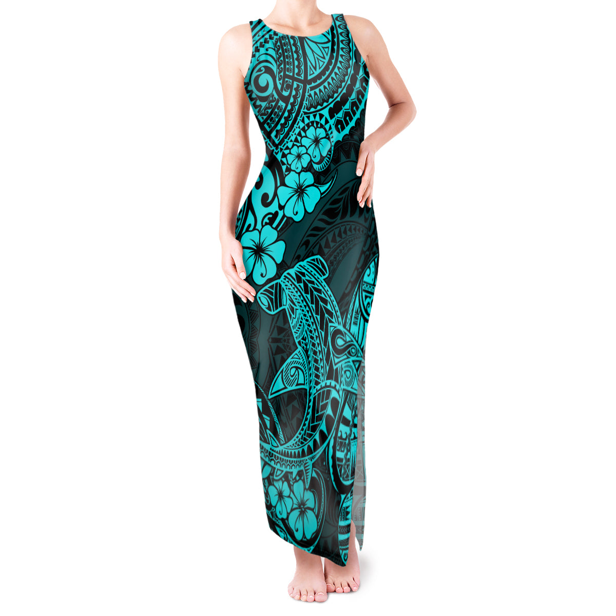 Hawaii Shark Tank Maxi Dress Polynesian Pattern Turquoise Version - Wonder Print Shop