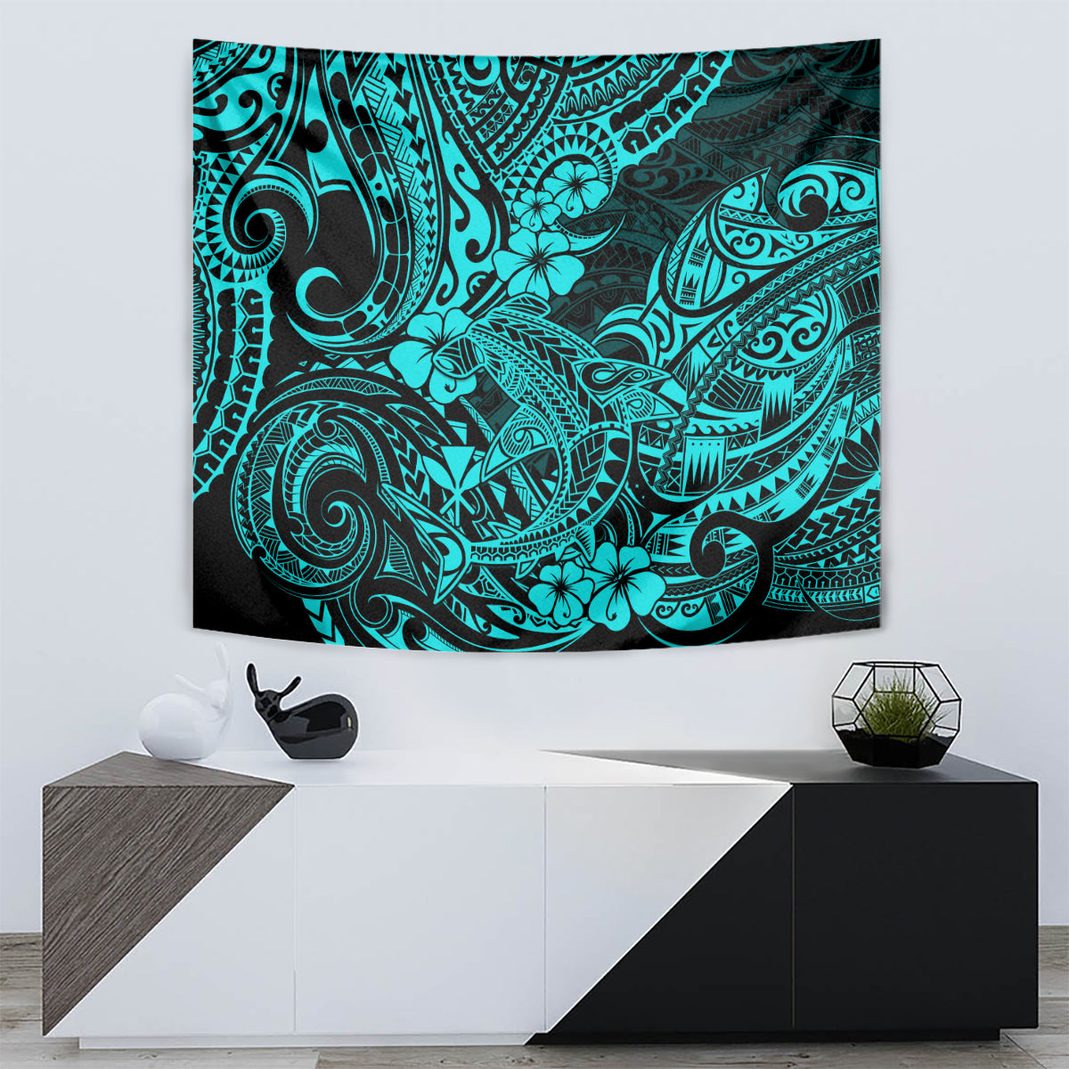 Hawaii Shark Tapestry Polynesian Pattern Turquoise Version - Wonder Print Shop
