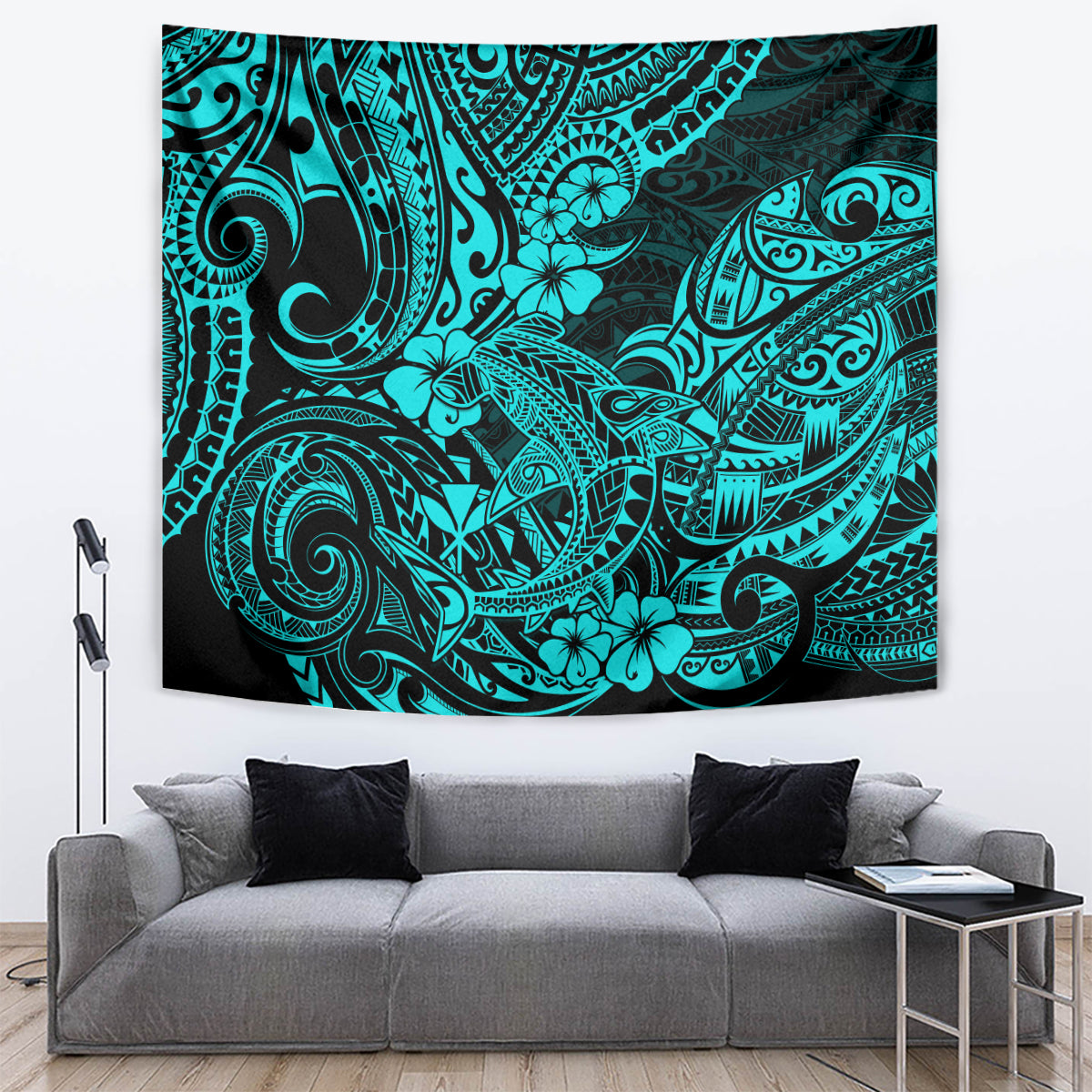 Hawaii Shark Tapestry Polynesian Pattern Turquoise Version - Wonder Print Shop