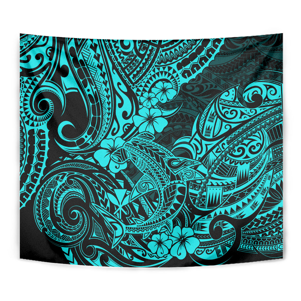 Hawaii Shark Tapestry Polynesian Pattern Turquoise Version - Wonder Print Shop