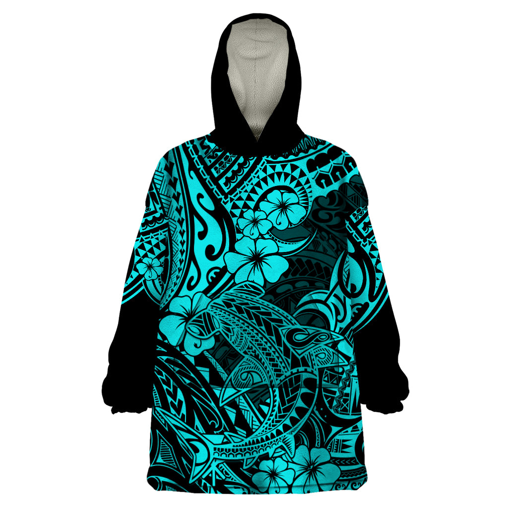 Hawaii Shark Wearable Blanket Hoodie Polynesian Pattern Turquoise Version - Wonder Print Shop