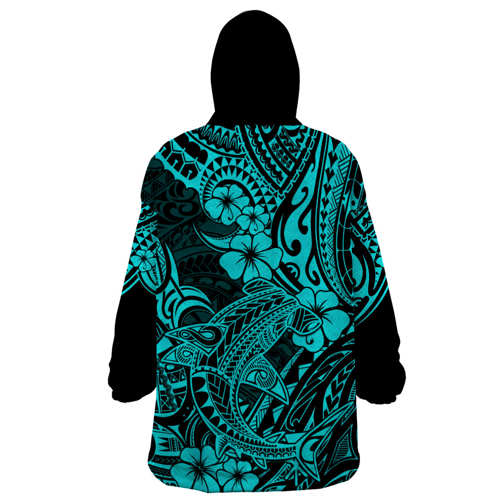 Hawaii Shark Wearable Blanket Hoodie Polynesian Pattern Turquoise Version - Wonder Print Shop