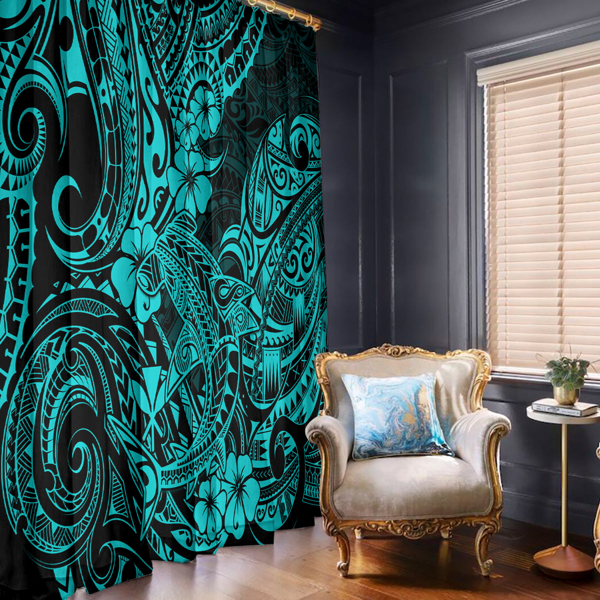 Hawaii Shark Window Curtain Polynesian Pattern Turquoise Version - Wonder Print Shop