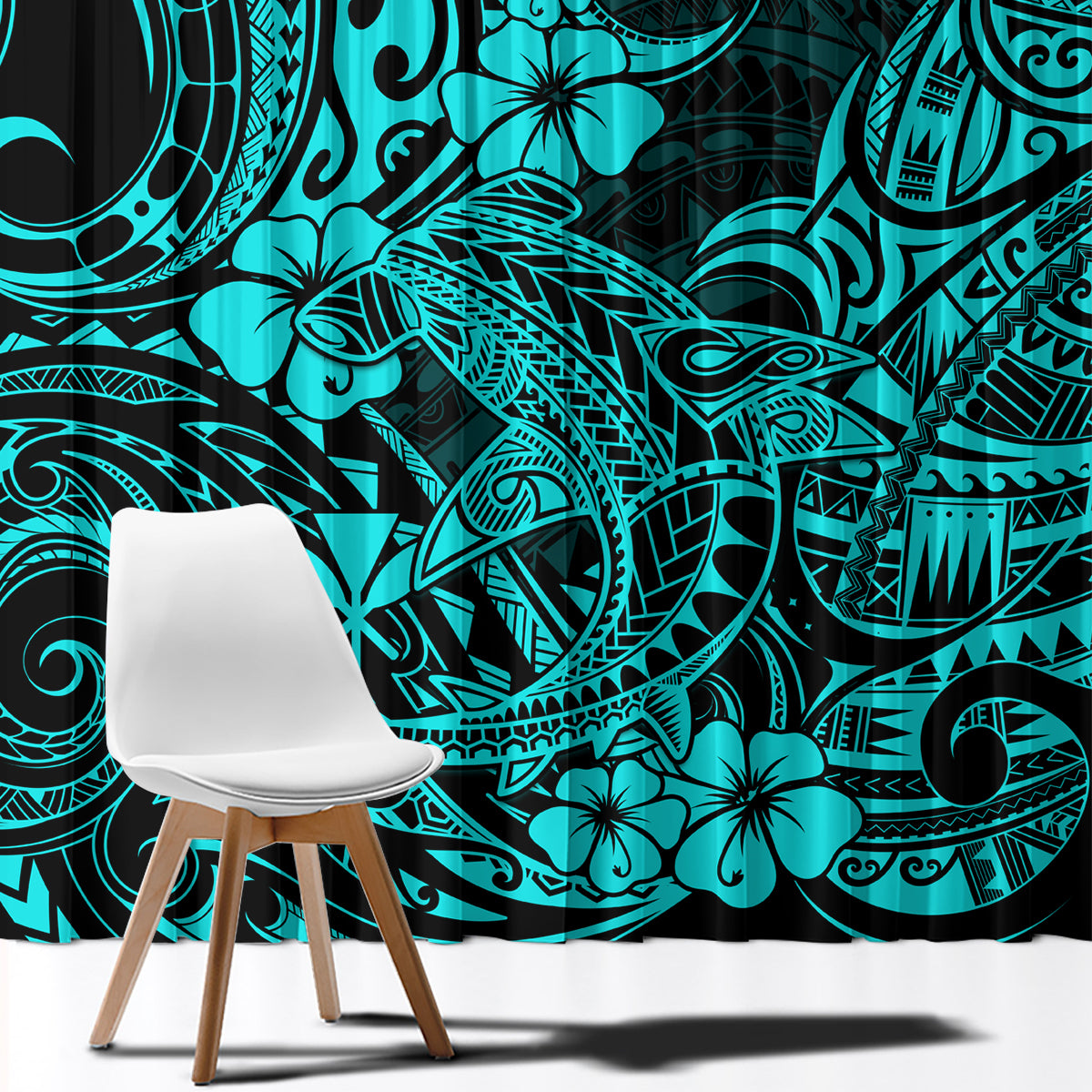 Hawaii Shark Window Curtain Polynesian Pattern Turquoise Version - Wonder Print Shop