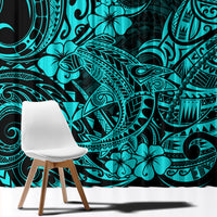 Hawaii Shark Window Curtain Polynesian Pattern Turquoise Version - Wonder Print Shop