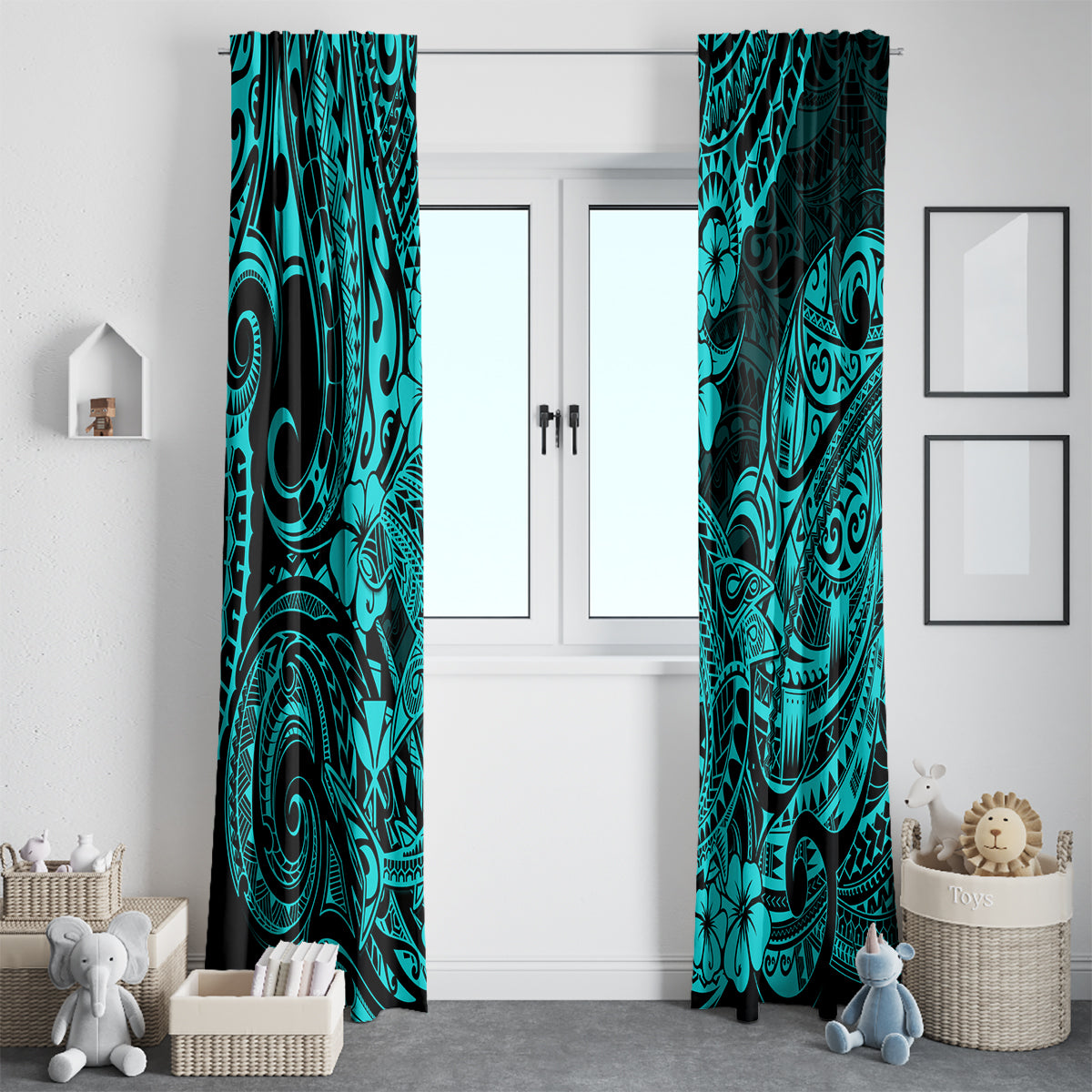 Hawaii Shark Window Curtain Polynesian Pattern Turquoise Version - Wonder Print Shop