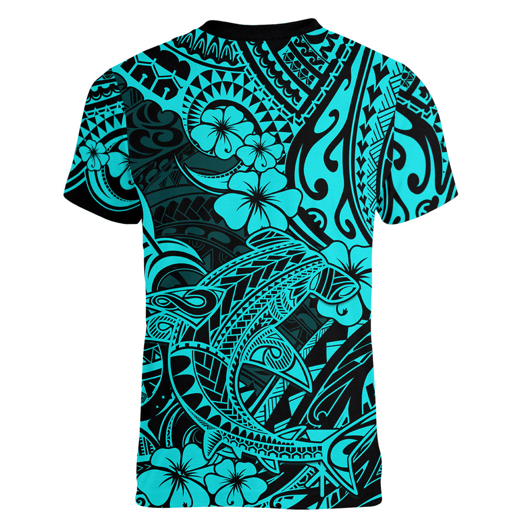 Hawaii Shark Women V Neck T Shirt Polynesian Pattern Turquoise Version - Wonder Print Shop
