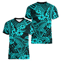 Hawaii Shark Women V Neck T Shirt Polynesian Pattern Turquoise Version - Wonder Print Shop