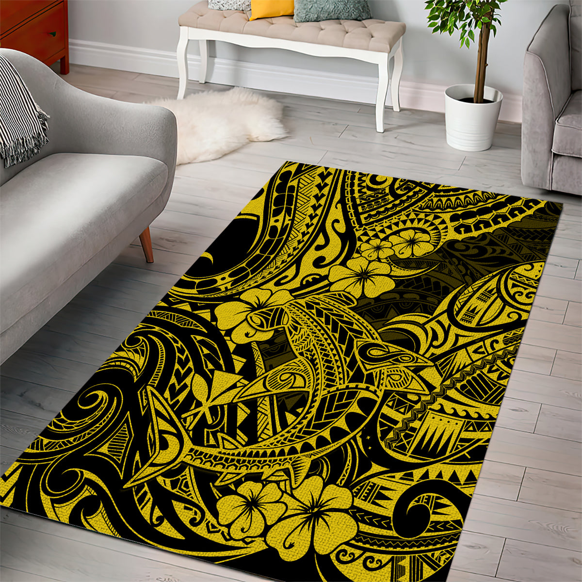 Hawaii Shark Area Rug Polynesian Pattern Yellow Version - Wonder Print Shop