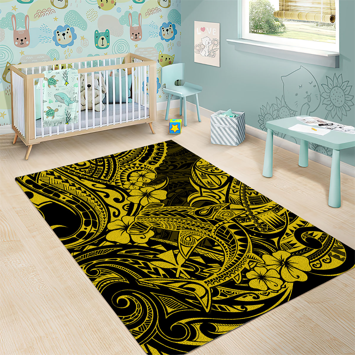 Hawaii Shark Area Rug Polynesian Pattern Yellow Version - Wonder Print Shop