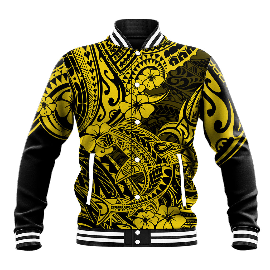 Hawaii Shark Baseball Jacket Polynesian Pattern Yellow Version - Wonder Print Shop