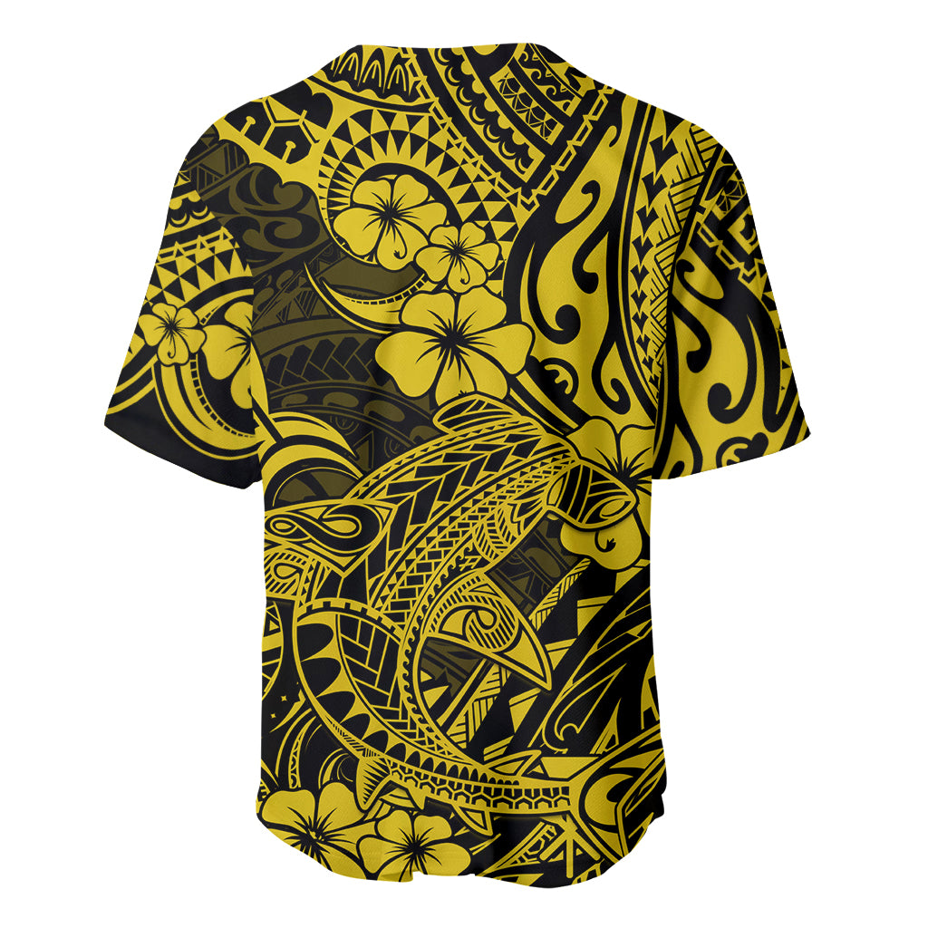 Hawaii Shark Baseball Jersey Polynesian Pattern Yellow Version - Wonder Print Shop