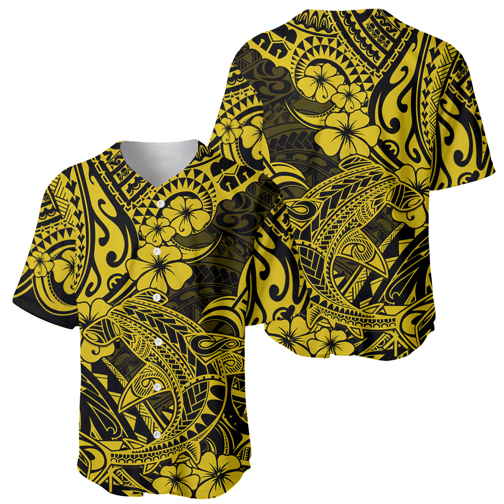 Hawaii Shark Baseball Jersey Polynesian Pattern Yellow Version - Wonder Print Shop