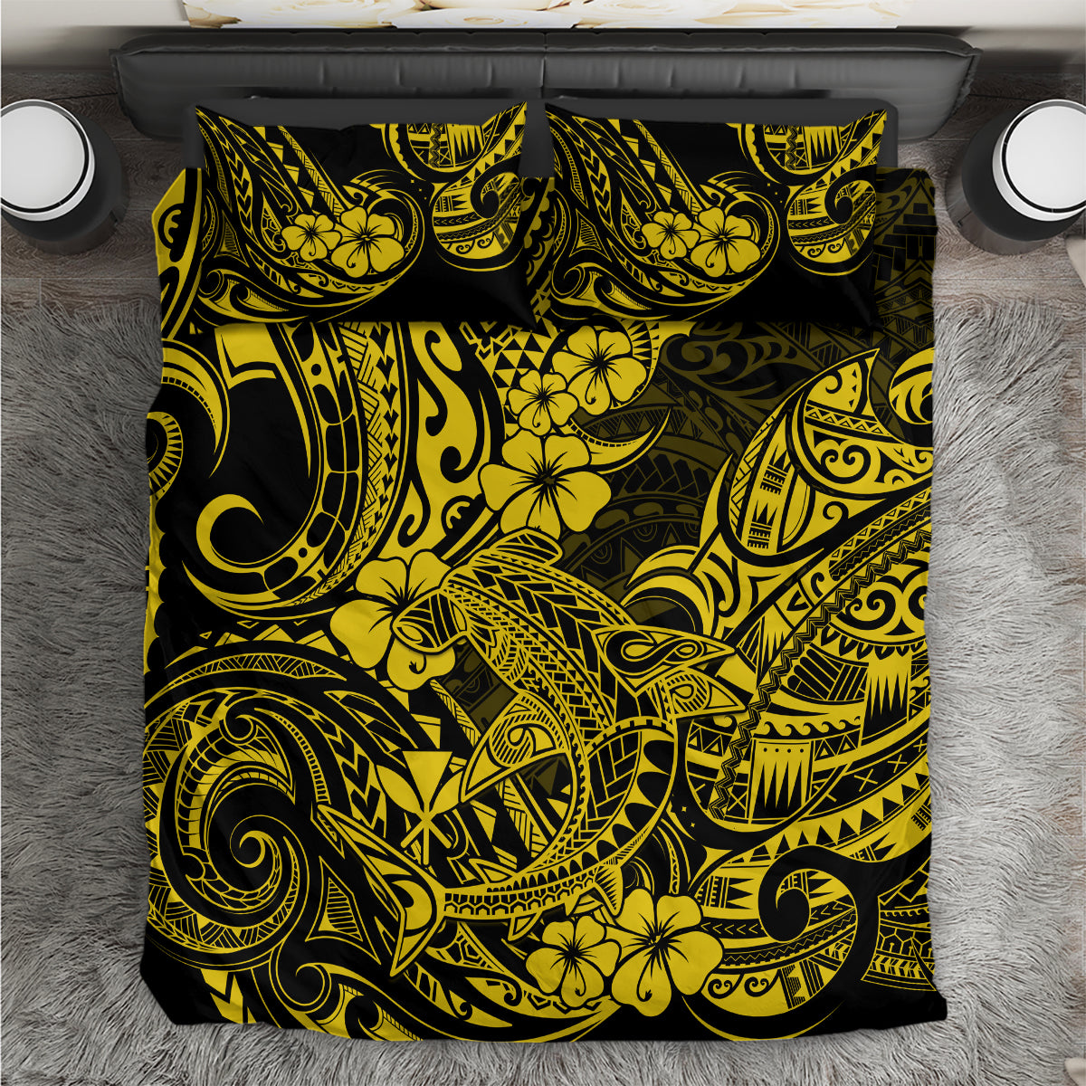 Hawaii Shark Bedding Set Polynesian Pattern Yellow Version - Wonder Print Shop