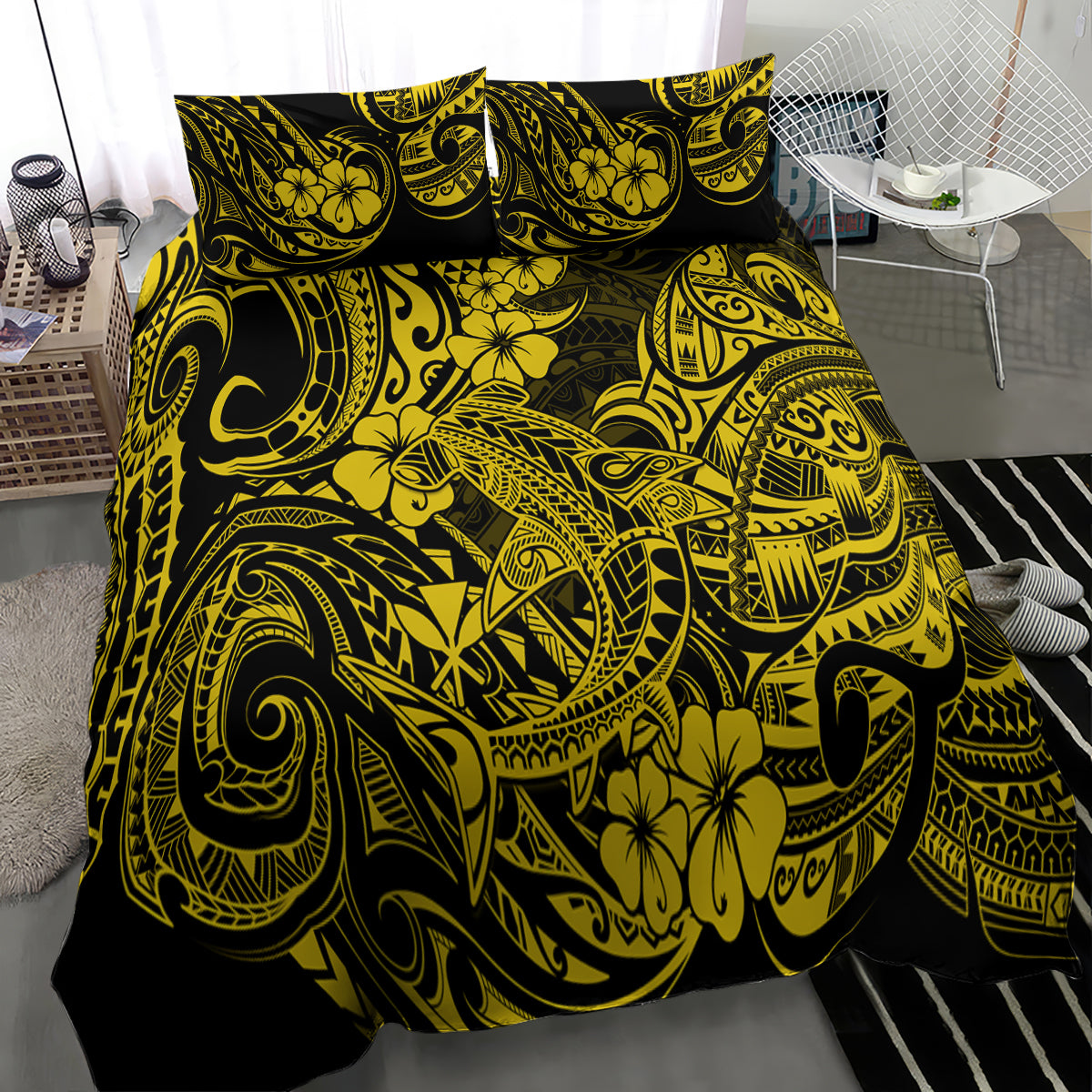 Hawaii Shark Bedding Set Polynesian Pattern Yellow Version - Wonder Print Shop