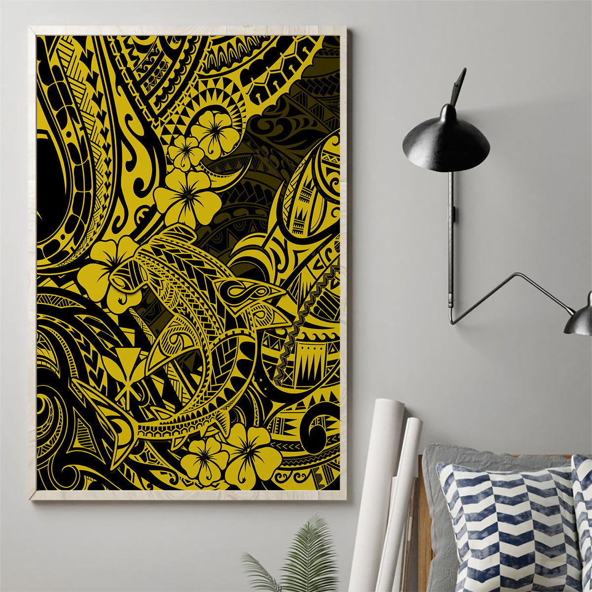 Hawaii Shark Canvas Wall Art Polynesian Pattern Yellow Version - Wonder Print Shop