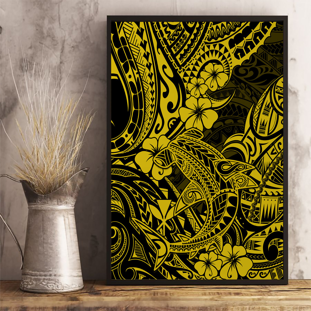 Hawaii Shark Canvas Wall Art Polynesian Pattern Yellow Version - Wonder Print Shop