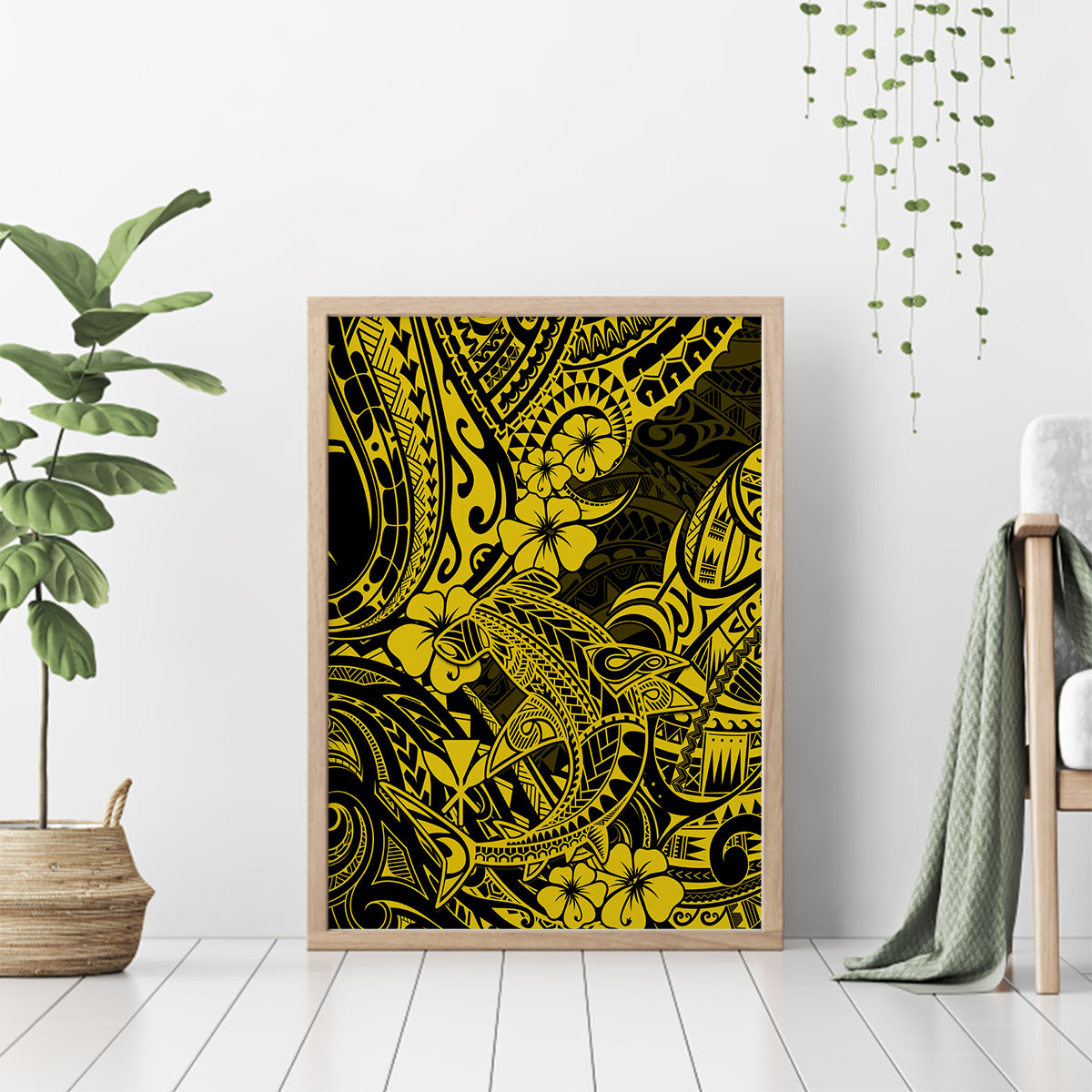 Hawaii Shark Canvas Wall Art Polynesian Pattern Yellow Version - Wonder Print Shop
