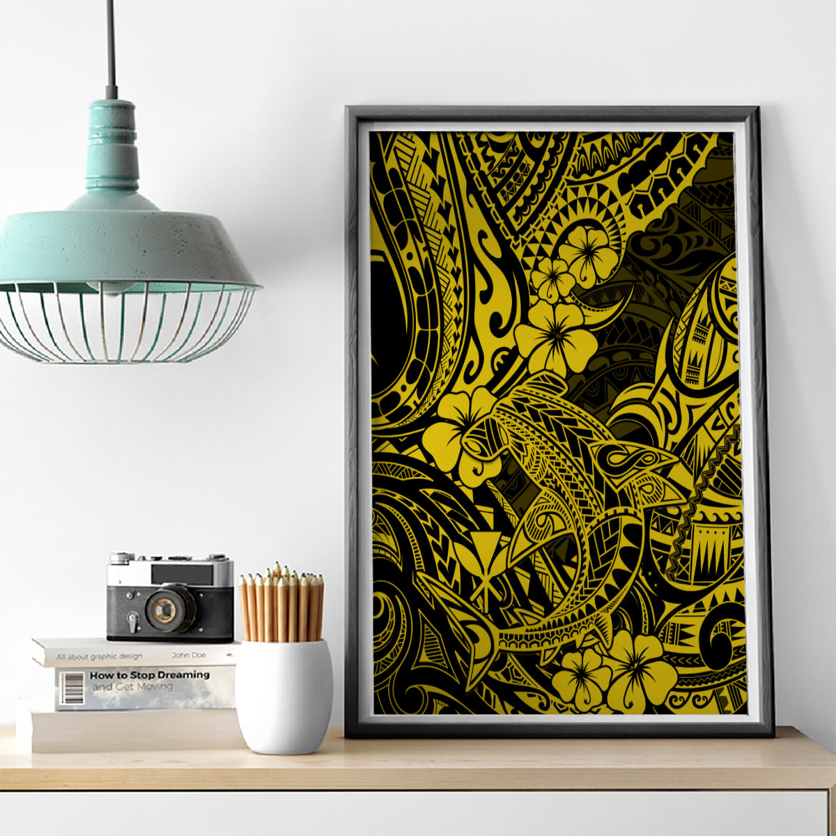 Hawaii Shark Canvas Wall Art Polynesian Pattern Yellow Version - Wonder Print Shop