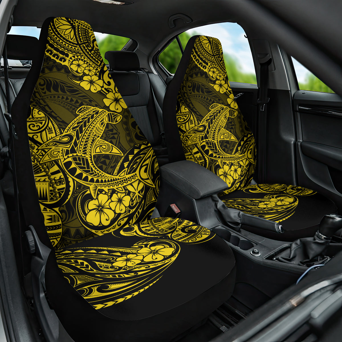 Hawaii Shark Car Seat Cover Polynesian Pattern Yellow Version - Wonder Print Shop