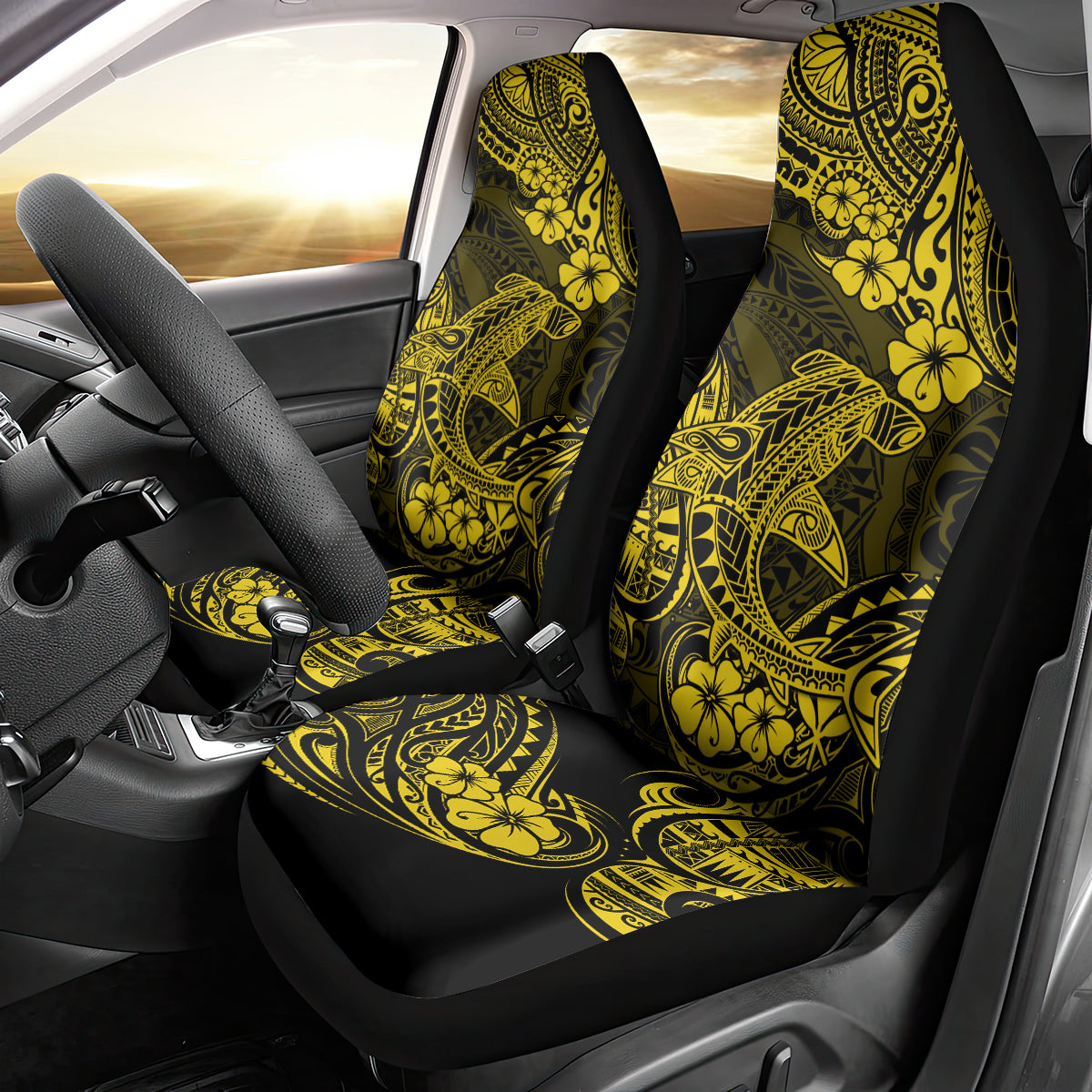 Hawaii Shark Car Seat Cover Polynesian Pattern Yellow Version - Wonder Print Shop