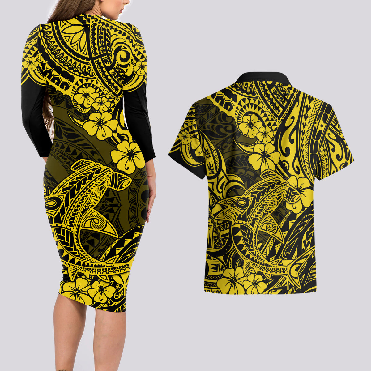 Hawaii Shark Couples Matching Long Sleeve Bodycon Dress and Hawaiian Shirt Polynesian Pattern Yellow Version - Wonder Print Shop