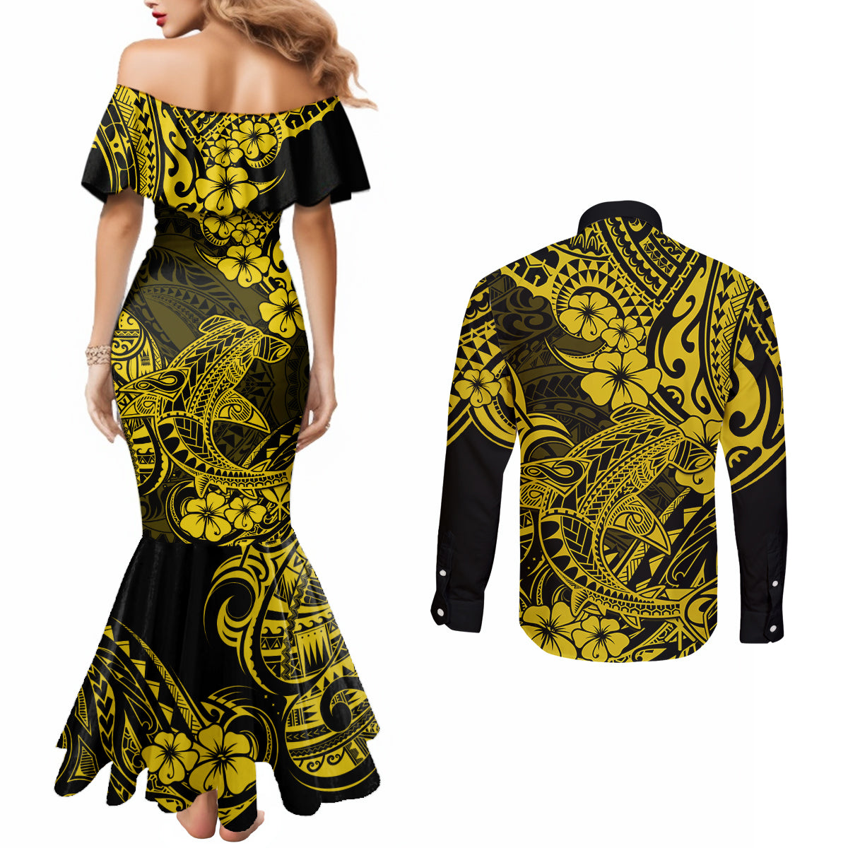 hawaii-shark-couples-matching-mermaid-dress-and-long-sleeve-button-shirts-polynesian-pattern-yellow-version