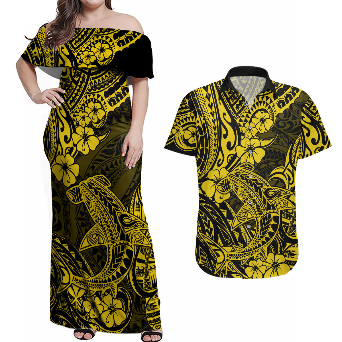 Hawaii Shark Couples Matching Off Shoulder Maxi Dress and Hawaiian Shirt Polynesian Pattern Yellow Version - Wonder Print Shop