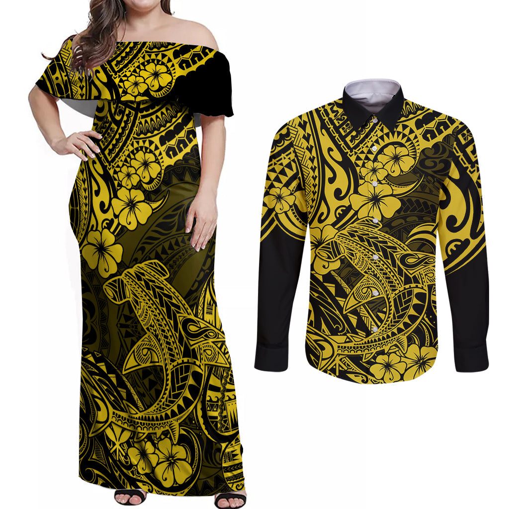 Hawaii Shark Couples Matching Off Shoulder Maxi Dress and Long Sleeve Button Shirts Polynesian Pattern Yellow Version - Wonder Print Shop