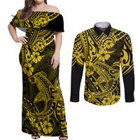 Hawaii Shark Couples Matching Off Shoulder Maxi Dress and Long Sleeve Button Shirts Polynesian Pattern Yellow Version - Wonder Print Shop
