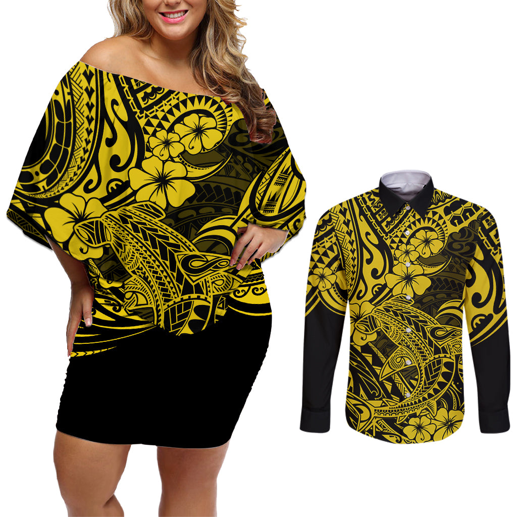 Hawaii Shark Couples Matching Off Shoulder Short Dress and Long Sleeve Button Shirts Polynesian Pattern Yellow Version - Wonder Print Shop